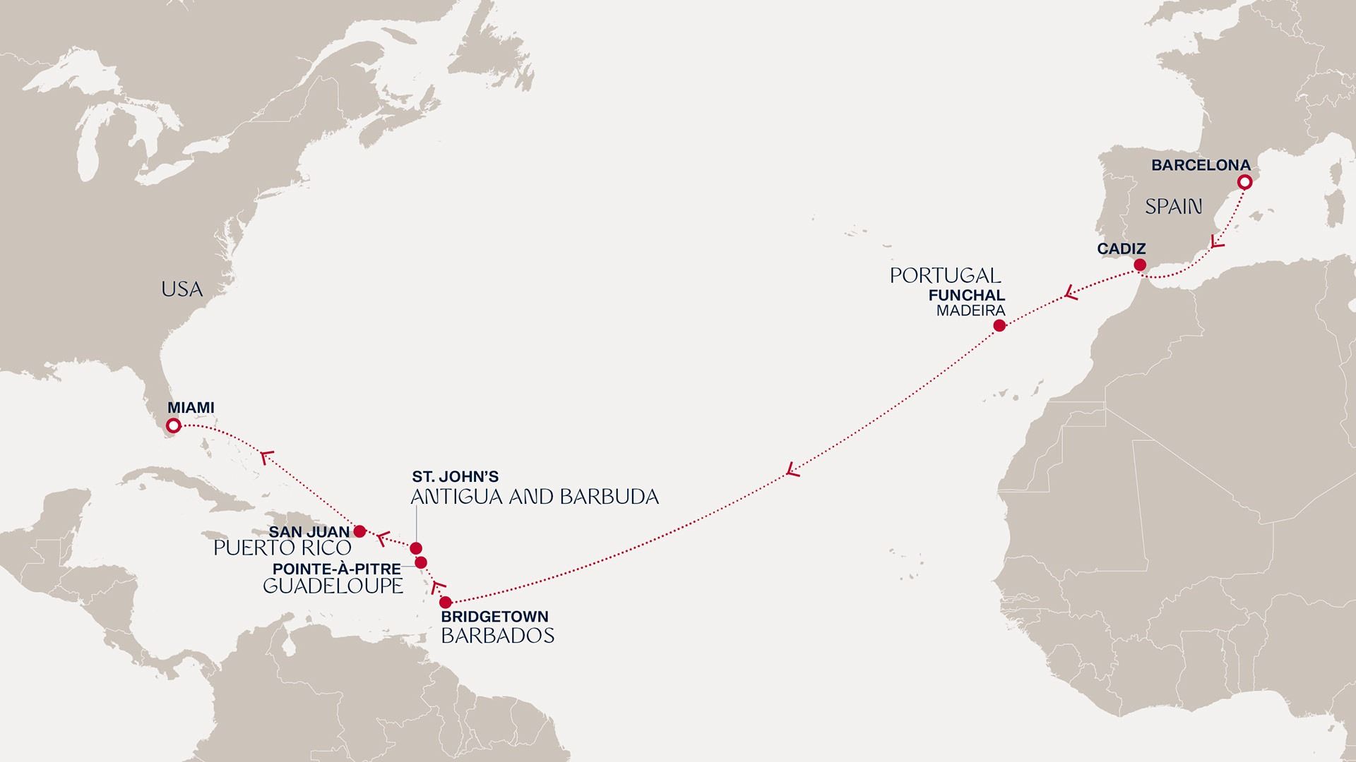 A Journey from Barcelona to Miami Itinerary Map